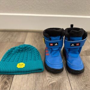 Adidas x LEGO Blue and Black Boots with LEGO Beanie